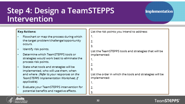 This slide explains step 4 and how the change team will design a TeamSTEPPS Intervention.