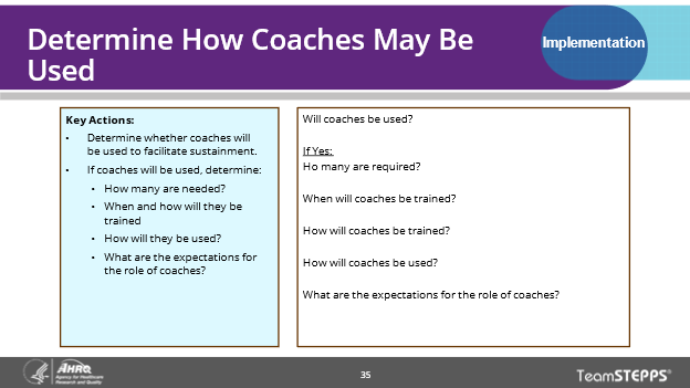 The slide shows key actions and how to determine coaches will be used.