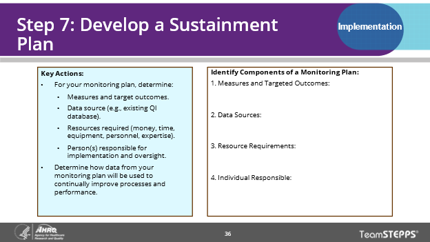 This slide provides a template for step 7 and how to develop a sustainment plan.