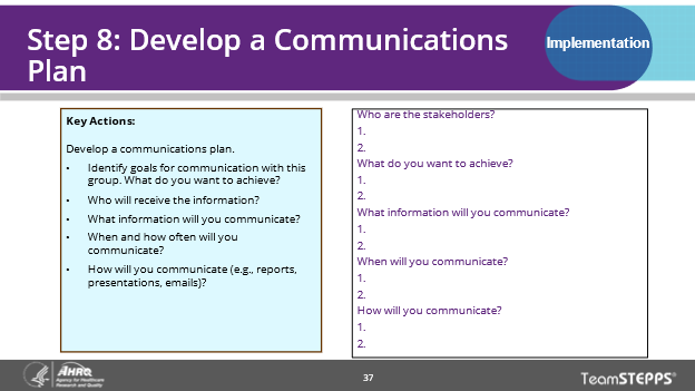 This slide helps the Change Team with step 8 and developing a communication plan by helping the team think about key actions and stakeholders.