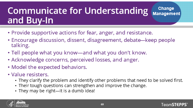 Image of slide - This slide provides six bullet points on communicating with staff to get their understanding and buy-in.