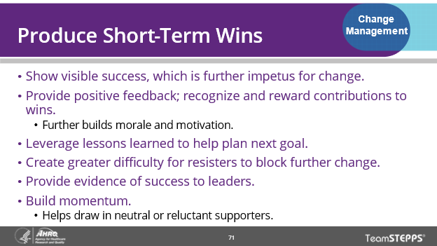 Image of slide -This slide provides six bullet points for how to produce short-term wins.
