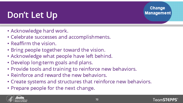 Image of slide: This slide provides 10 bullet point suggestions for reinforcing and rewarding new behaviors.