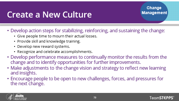 Image of slide: This slide provides four actions to help create a new culture.