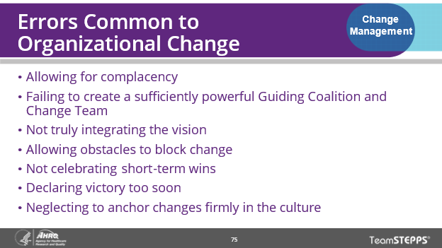 Image of slide: This slide provides seven common errors to avoid in organizational change.