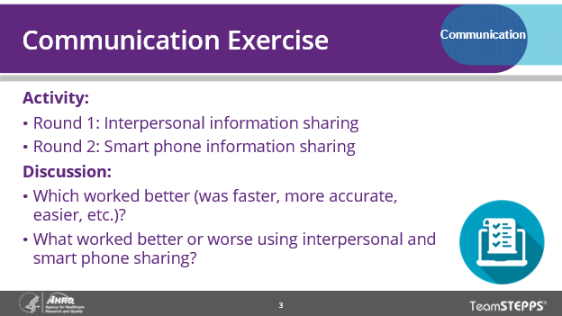 Image of slide: This communication exercise is designed to help teams convey an assigned message as accurately and quickly as possible.