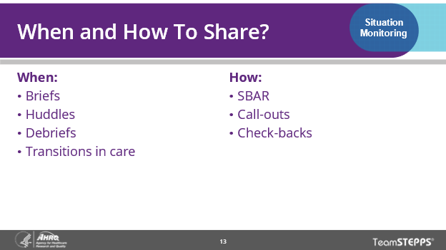 Image of slide: Effective teams share situation monitoring during briefs, huddles, debriefs, and transitions in care by using tools such as SBAR, call-outs, and check-backs.