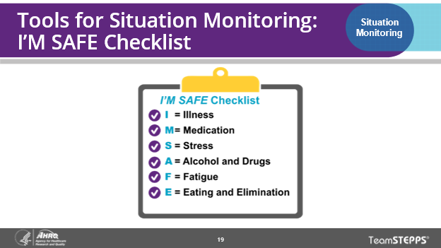 Image of slide: The I'm Safe checklist is one tool that can be used for situation monitoring.
