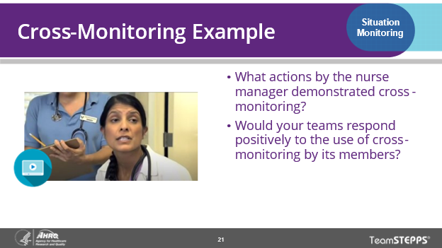 Image of slide: A nurse manager monitors a nurse and takes notes while the nurse speaks to a patient.   Text: Questions for group discussion: What actions by the nurse manager demonstrate cross-monitoring? Would your teams respond positively to the use of cross-monitoring by its members?