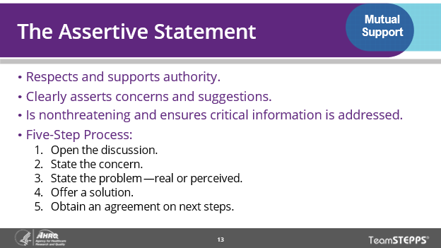 Image of slide: The assertive statement is respectful and supportive of authority, clearly asserts concerns and suggestions, and is nonthreatening.