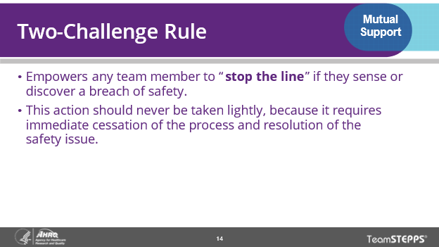 Image of slide: The Two-Challenge Rule empowers any team member to stop the line or action if they sense or discover a breach of safety.