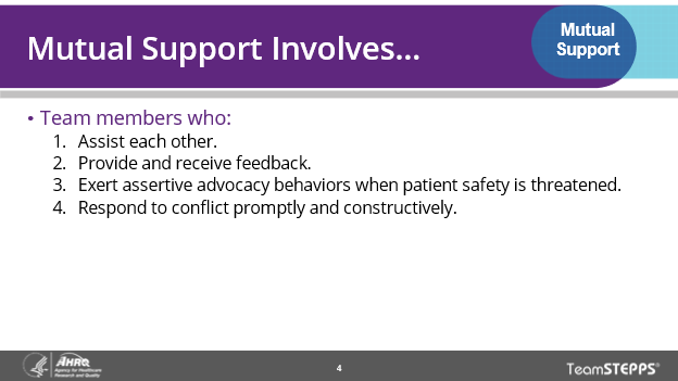 Image of slide: Mutual support involves team members that assist each other, provide and receive feedback, exert assertive advocacy behaviors when patient safety is threatened, and respond to conflict promptly and constructively.