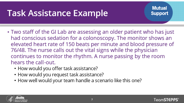 Image of slide: This task assistance involves a nurse passing by a room where she hears a nurse call out regarding a patient who had a conscious sedation for a colonoscopy and her vitals were concerning. 