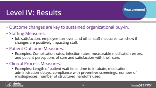 Image of slide: This slide provides the level four results measures that are on the website, which include staffing measures, patient outcome measures, and clinical process measures.
