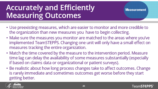 Image of slide: This slide provides bullets on insights related to accurately and efficiently measuring outcomes.